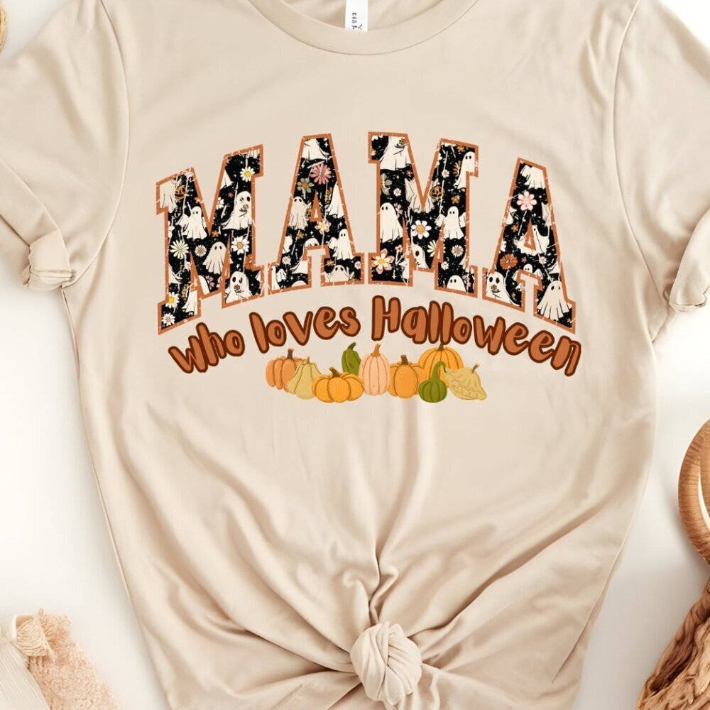 MAMA Who Loves Halloween Fall Holiday Softstyle Shirt - Gildan Sand Various Size